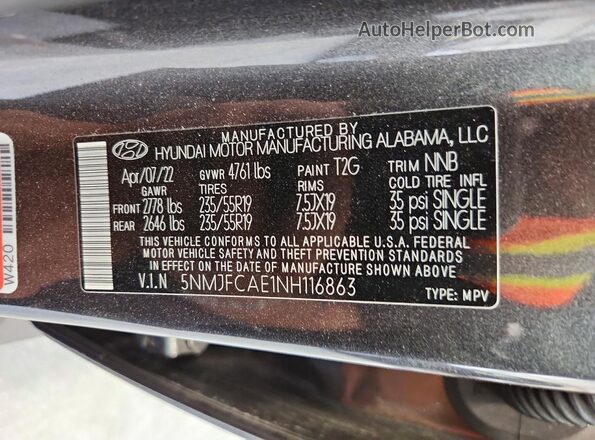 5NMJFCAE1NH116863 2022 HYUNDAI TUCSON Gray Vista interior de 360 grados