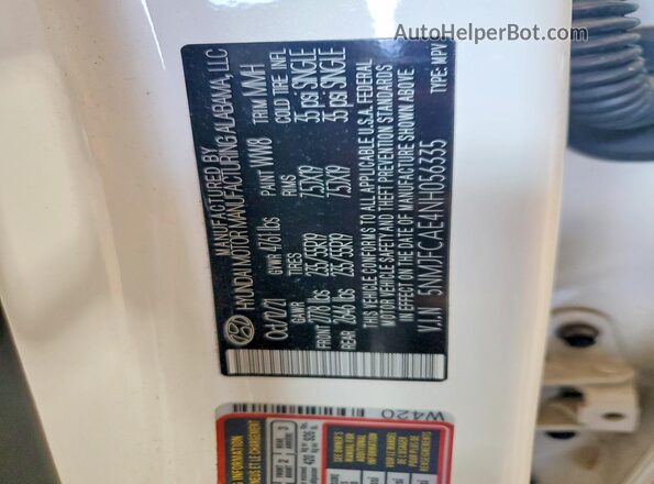 5NMJFCAE4NH056335 2022 HYUNDAI TUCSON White VIN კოდის სტიკერის ხედი