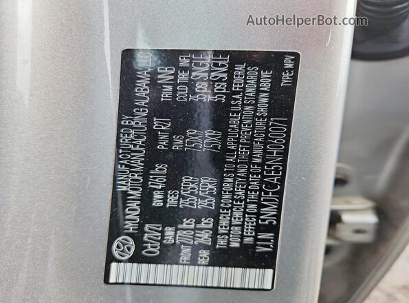 5NMJFCAE5NH060071 2022 HYUNDAI TUCSON Silver Вид наклейки з VIN-кодом