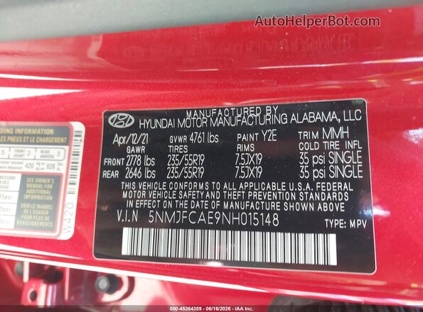 5NMJFCAE9NH015148 2022 HYUNDAI TUCSON Красный Вид подкапотного пространства
