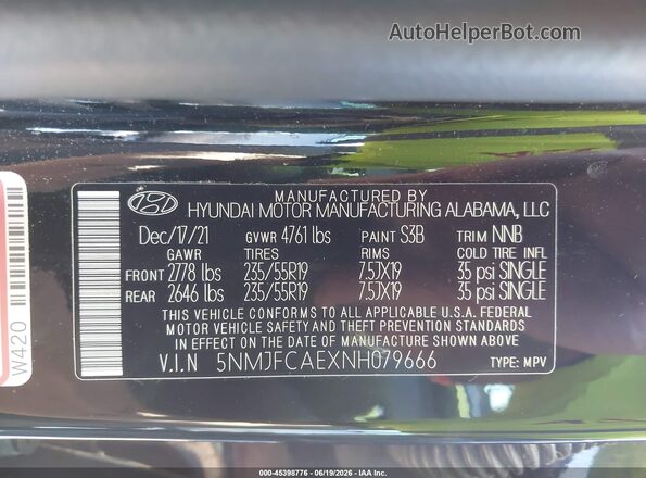 5NMJFCAEXNH079666 2022 HYUNDAI TUCSON Black Widok komory silnika