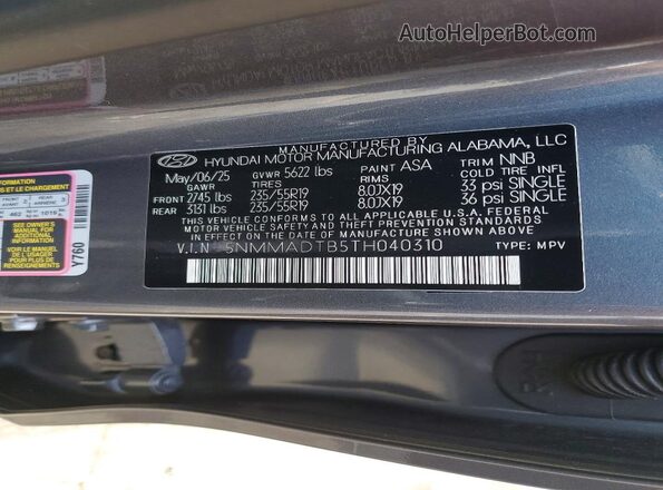 5NMMADTB5TH040310 2026 GENESIS GV70 Silver VIN sticker view