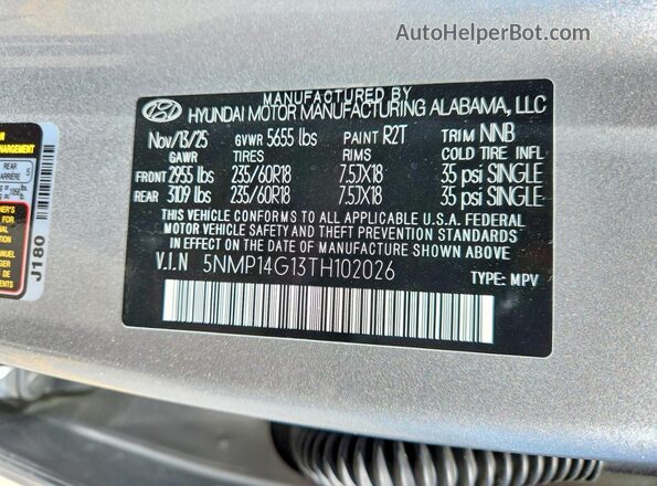 5NMP14G13TH102026 2026 HYUNDAI SANTA Silver VIN կոդի պիտակի տեսք