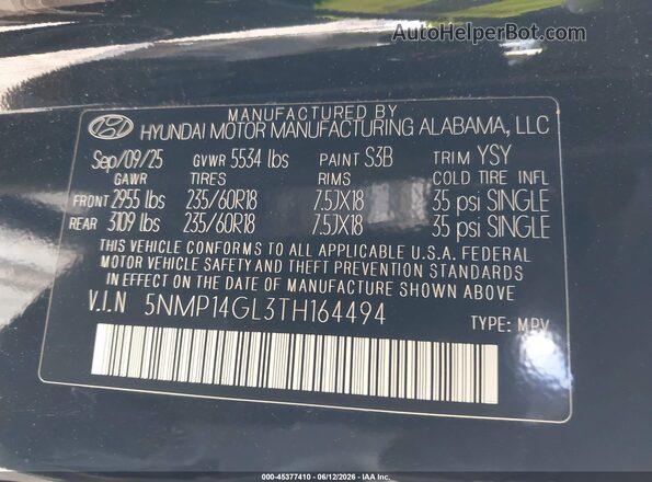5NMP14GL3TH164494 2026 HYUNDAI SANTA FE Черный 