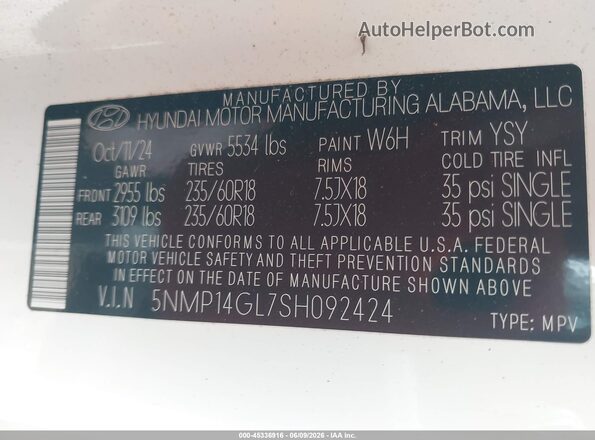 5NMP14GL7SH092424 2025 HYUNDAI SANTA FE White Engine compartment view