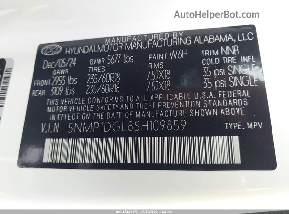 5NMP1DGL8SH109859 2025 HYUNDAI SANTA FE White Вид підкапотного простору