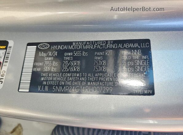 5NMP24G14RH007299 2024 HYUNDAI SANTA Gray Widok naklejki z numerem VIN