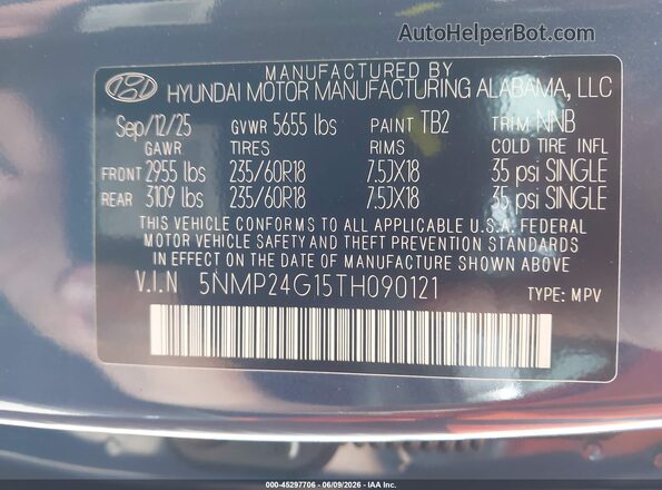 5NMP24G15TH090121 2026 HYUNDAI SANTA FE HYBRID Dark Blue Շարժիչի բաժամունքի տեսք