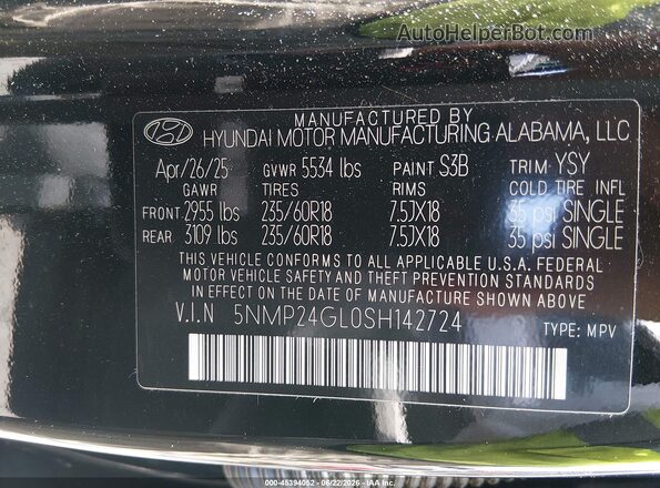 5NMP24GL0SH142724 2025 HYUNDAI SANTA FE Черный Вид подкапотного пространства