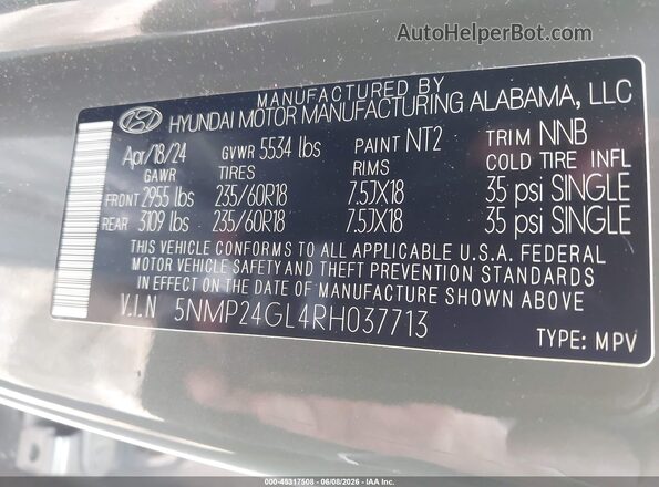 5NMP24GL4RH037713 2024 HYUNDAI SANTA FE Gray Widok komory silnika