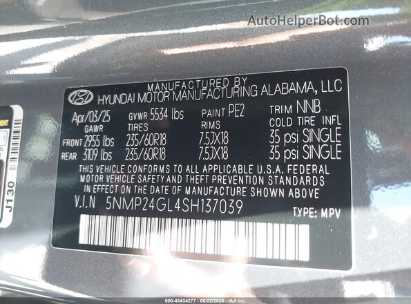 5NMP24GL4SH137039 2025 HYUNDAI SANTA FE Gray Vista del compartimento del motor