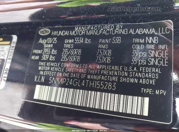5NMP24GL4TH155283 2026 HYUNDAI SANTA FE Black Widok komory silnika
