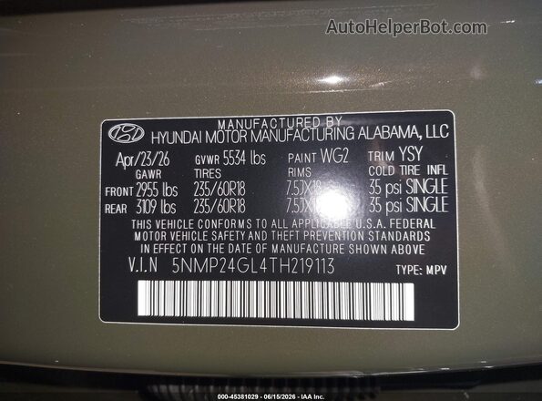 5NMP24GL4TH219113 2026 HYUNDAI SANTA FE Green Vista del compartimento del motor
