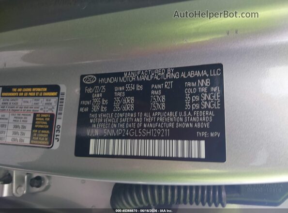 5NMP24GL5SH129211 2025 HYUNDAI SANTA FE Gray Vista del compartimento del motor