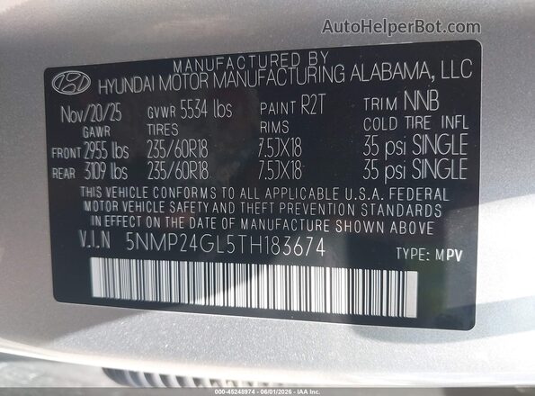 5NMP24GL5TH183674 2026 HYUNDAI SANTA FE Silver Շարժիչի բաժամունքի տեսք