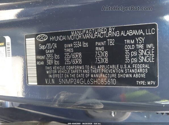 5NMP24GL6SH085610 2025 HYUNDAI SANTA FE Navy Вид підкапотного простору