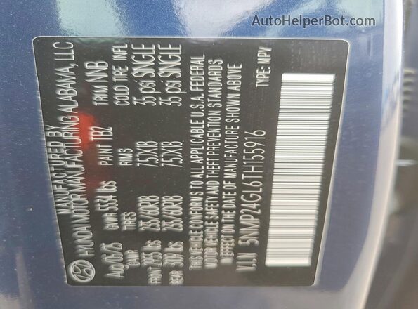 5NMP24GL6TH155916 2026 HYUNDAI SANTA Синий Вид наклейки с VIN-кодом