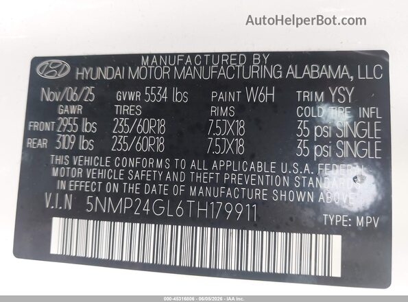 5NMP24GL6TH179911 2026 HYUNDAI SANTA FE White Շարժիչի բաժամունքի տեսք