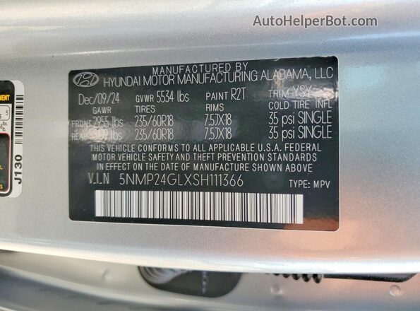 5NMP24GLXSH111366 2025 HYUNDAI SANTA Silver VIN კოდის სტიკერის ხედი