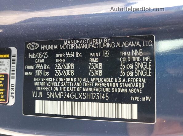 5NMP24GLXSH123145 2025 HYUNDAI SANTA Blue Widok naklejki z numerem VIN