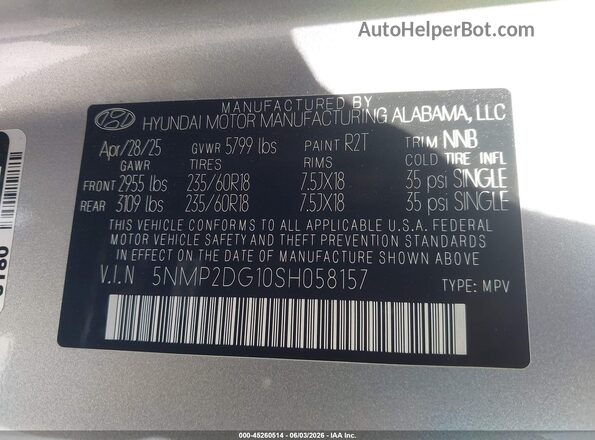 5NMP2DG10SH058157 2025 HYUNDAI SANTA FE HYBRID Silver Շարժիչի բաժամունքի տեսք