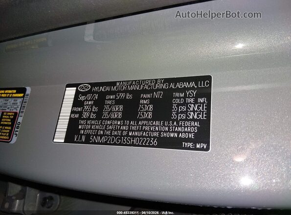 5NMP2DG13SH022236 2025 HYUNDAI SANTA FE HYBRID Gray Vista del compartimento del motor