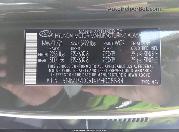 5NMP2DG14RH005584 2024 HYUNDAI SANTA FE HYBRID Green ძრავის განყოფილების ხედი