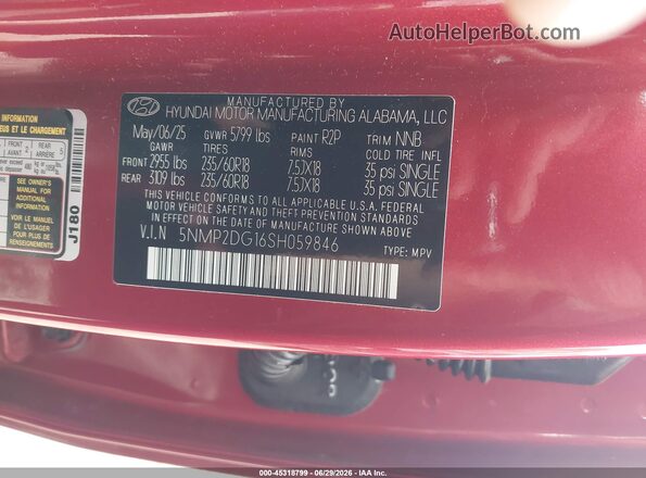 5NMP2DG16SH059846 2025 HYUNDAI SANTA FE HYBRID Red ძრავის განყოფილების ხედი