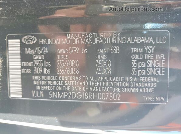 5NMP2DG18RH007502 2024 HYUNDAI SANTA Black Vista de la etiqueta del VIN