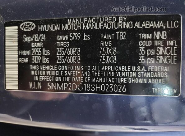 5NMP2DG18SH023026 2025 HYUNDAI SANTA Blue 