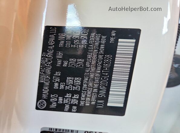 5NMP2DGL4TH182838 2026 HYUNDAI SANTA White Vista de la etiqueta del VIN