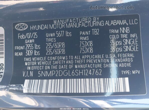 5NMP2DGL6SH124762 2025 HYUNDAI SANTA FE Blue Vista del compartimento del motor