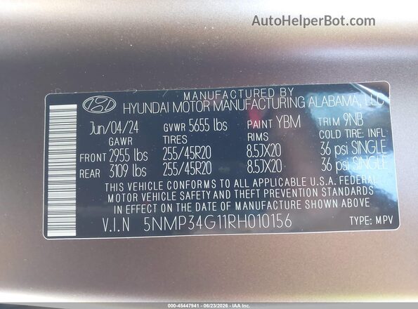 5NMP34G11RH010156 2024 HYUNDAI SANTA FE HYBRID Коричневый Вид подкапотного пространства