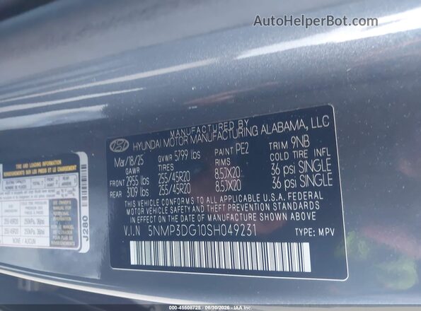 5NMP3DG10SH049231 2025 HYUNDAI SANTA FE HYBRID Gray Շարժիչի բաժամունքի տեսք