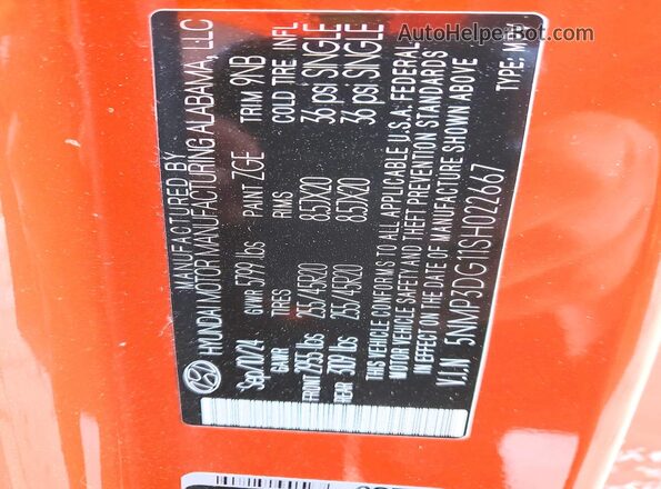 5NMP3DG11SH022667 2025 HYUNDAI SANTA Orange VIN կոդի պիտակի տեսք