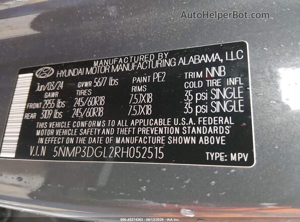 5NMP3DGL2RH052515 2024 HYUNDAI SANTA FE Серый Вид подкапотного пространства