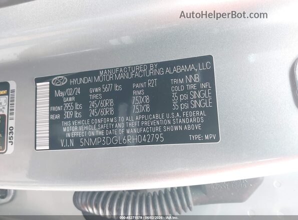 5NMP3DGL6RH042795 2024 HYUNDAI SANTA FE Silver Widok komory silnika