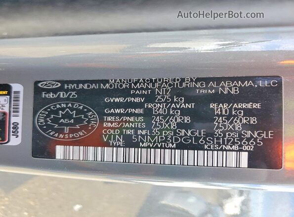 5NMP3DGL6SH125665 2025 HYUNDAI SANTA Серый Вид наклейки с VIN-кодом