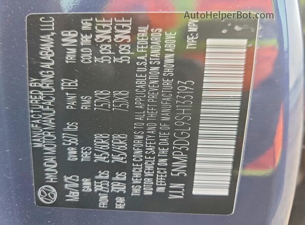 5NMP3DGL9SH133193 2025 HYUNDAI SANTA Blue VIN sticker view
