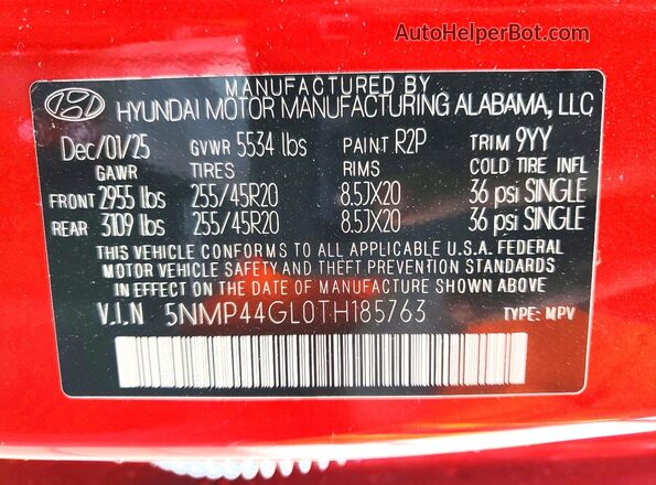 5NMP44GL0TH185763 2026 HYUNDAI SANTA Красный Вид наклейки с VIN-кодом