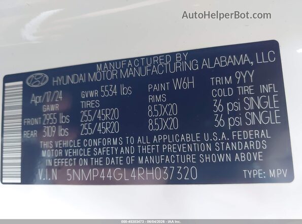 5NMP44GL4RH037320 2024 HYUNDAI SANTA FE White 