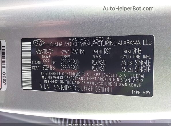 5NMP4DGL8RH021041 2024 HYUNDAI SANTA FE Silver Շարժիչի բաժամունքի տեսք