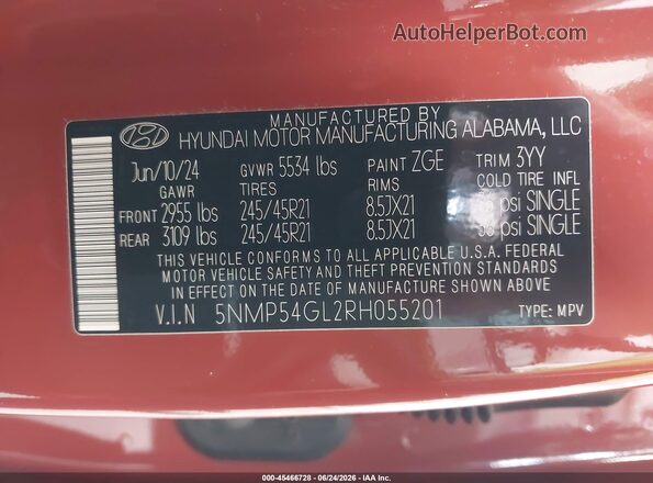 5NMP54GL2RH055201 2024 HYUNDAI SANTA FE Orange Vista del compartimento del motor