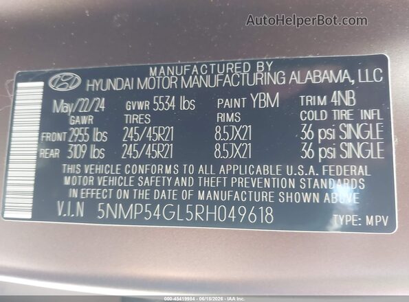 5NMP54GL5RH049618 2024 HYUNDAI SANTA FE Brown ძრავის განყოფილების ხედი