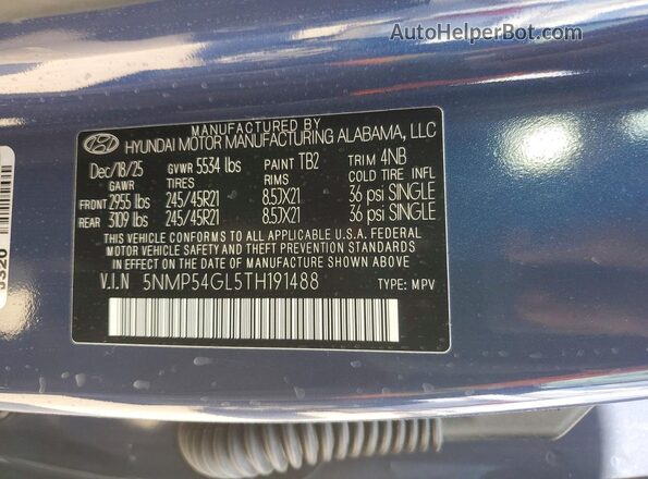 5NMP54GL5TH191488 2026 HYUNDAI SANTA Blue Вид наклейки з VIN-кодом