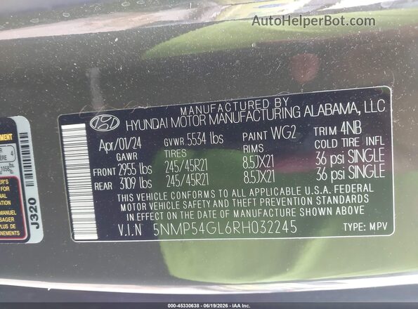 5NMP54GL6RH032245 2024 HYUNDAI SANTA FE Green ძრავის განყოფილების ხედი