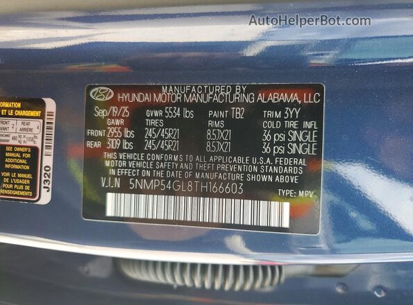 5NMP54GL8TH166603 2026 HYUNDAI SANTA Blue VIN კოდის სტიკერის ხედი