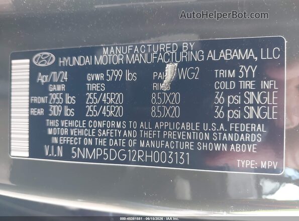 5NMP5DG12RH003131 2024 HYUNDAI SANTA FE HYBRID Green Vista del compartimento del motor