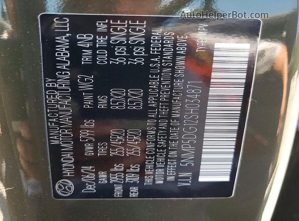 5NMP5DG12SH034871 2025 HYUNDAI SANTA Green Vista de la etiqueta del VIN