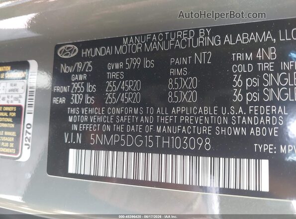 5NMP5DG15TH103098 2026 HYUNDAI SANTA FE HYBRID Gray Widok komory silnika